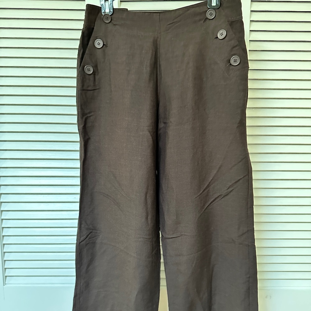 Vintage 90s Sherry Taylor Ramie Rayon Brown Sailor Trousers Wide Leg Medium - Picture 6 of 11